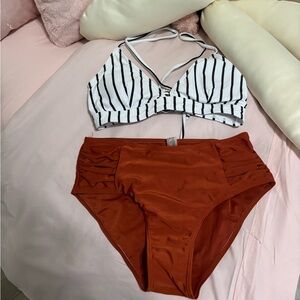 Striped White & Black Bikini Top with Rust High-Waist Bottoms